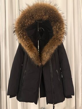 Mackage Black Puffer Parka with Brown Fur-Trim Hood ADALI-F Down coat